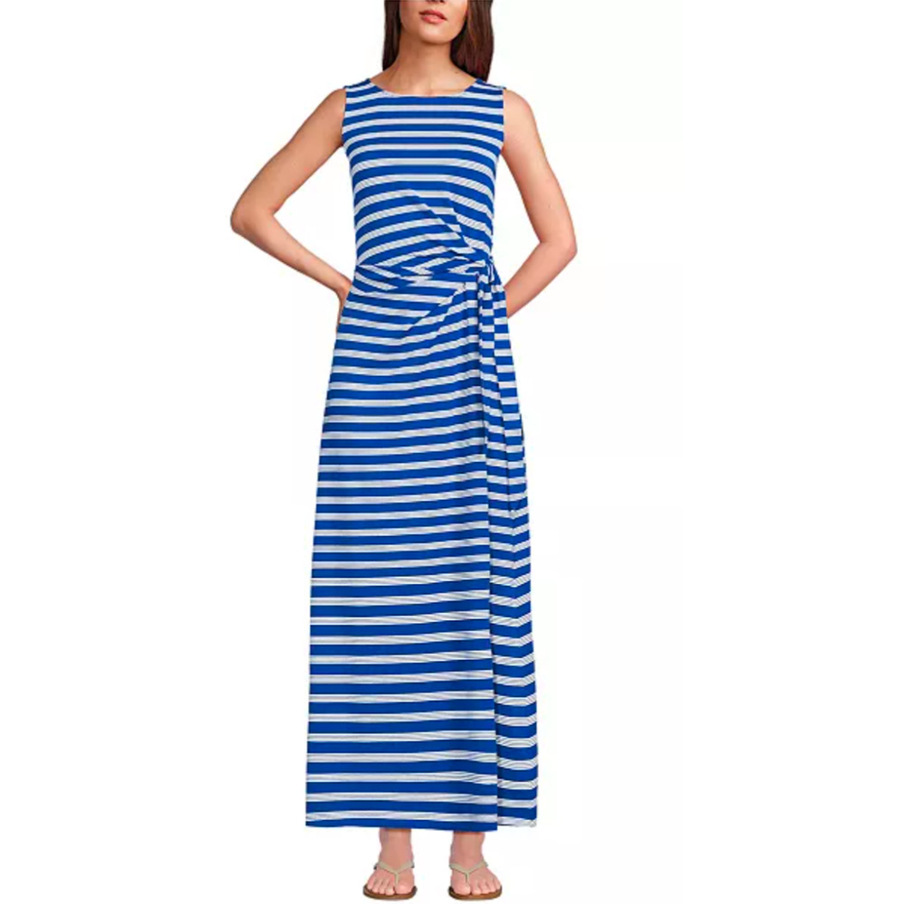 Lands End Tie Waist Maxi Dress Womens S/6-8 Blue-White Modal Stripe Coastal Soft